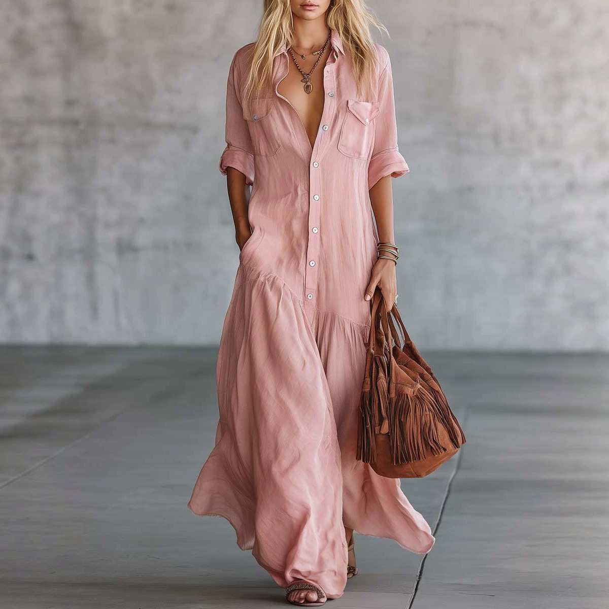Casual Loose Linen Shirt Dress - فستان قميص ماكسي نسائي صيفي من