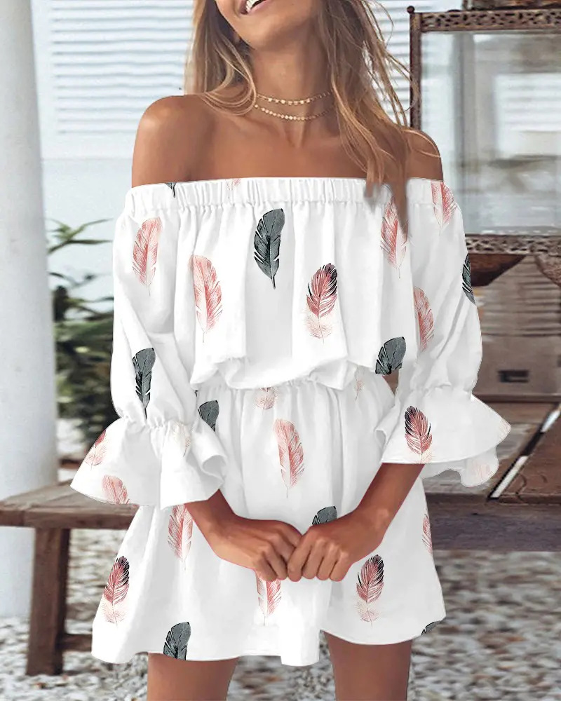 French Vintage Floral Midi Dress - فستان نسائي قصير مكشوف الأكتاف بطبعة
