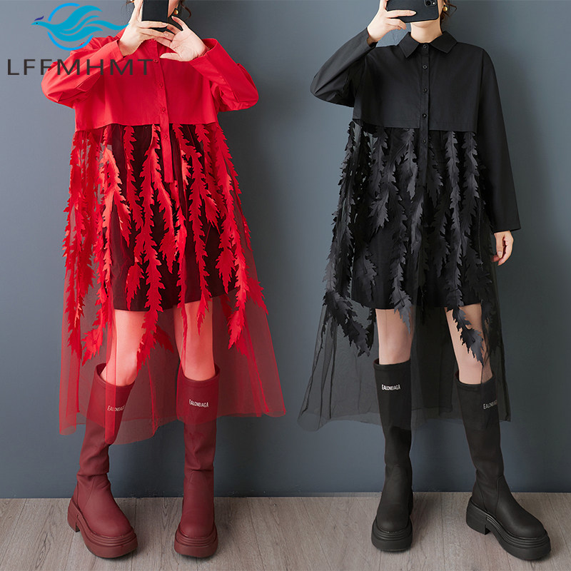 Korean Style A Line Shirt Dress - فستان قميص فضفاض جديد للربيع بطباعة