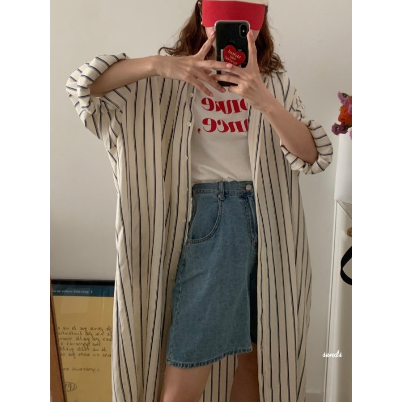 Korean Style A Line Shirt Dress - فستان كوري بسيط بياقة فضفاضة وخطوط،