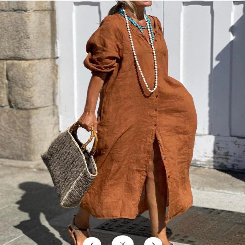 Casual Loose Linen Shirt Dress - فستان أنيق من القطن والكتان للربيع،