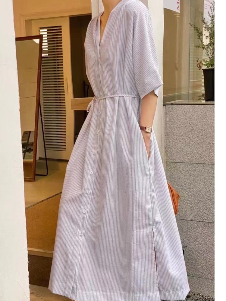 Casual Loose Linen Shirt Dress - الصيف خمر قميص كتان مخطط المرأة
