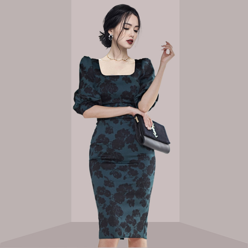 French Vintage Floral Midi Dress - فستان ميدي أنيق بطبعة زهور للسيدات،