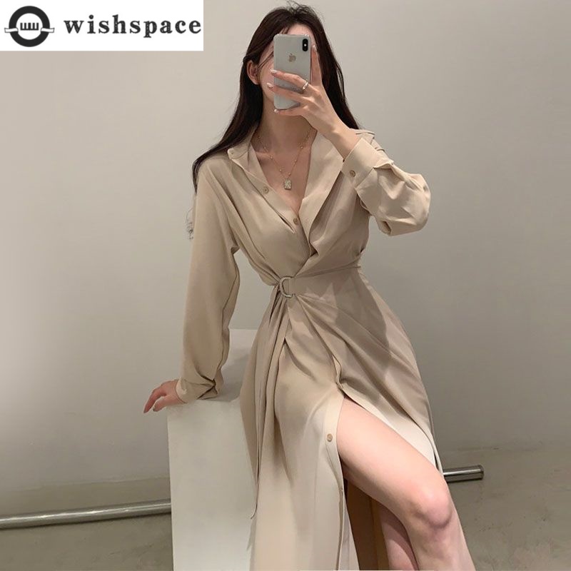 Korean Style A Line Shirt Dress - فستان على طراز القميص بأكمام طويلة