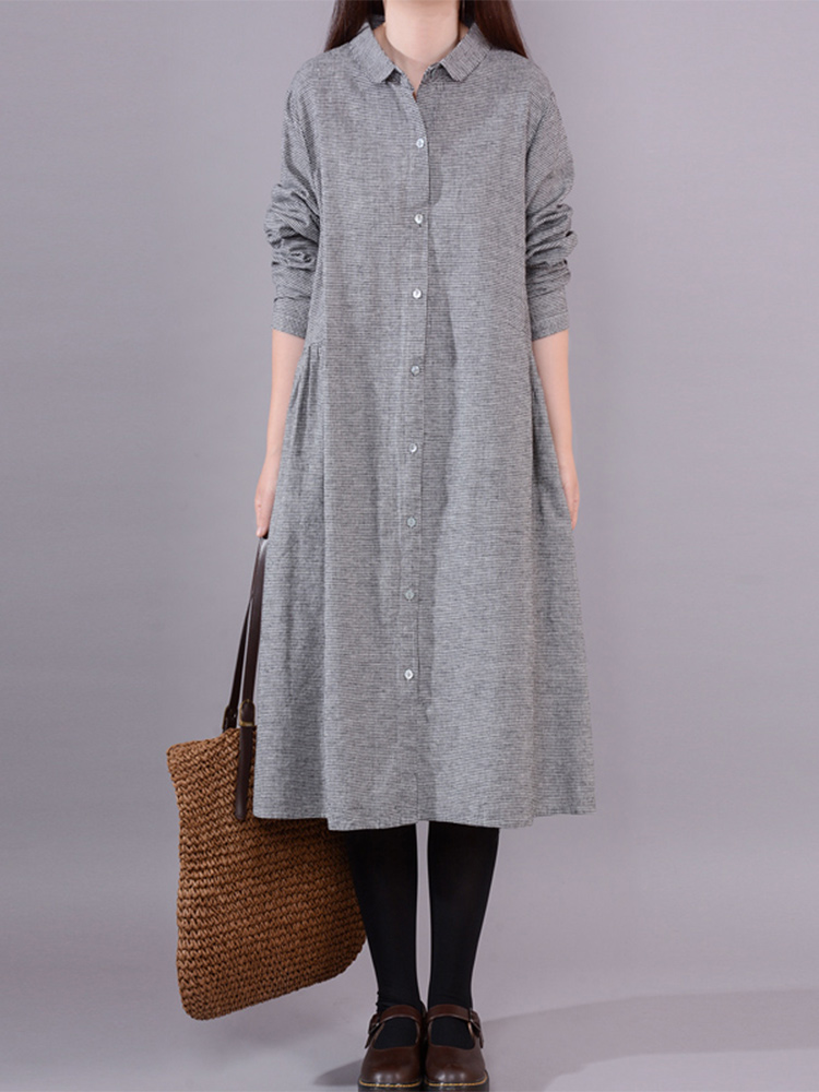 Korean Style A Line Shirt Dress - فستان قميص نسائي طويل الأكمام من