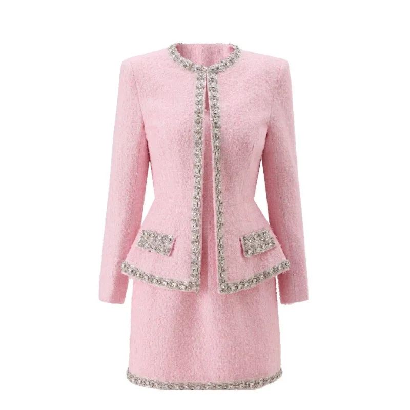 Tweed Two Piece Blazer Dress - طقم نسائي فاخر من التويد الوردي،