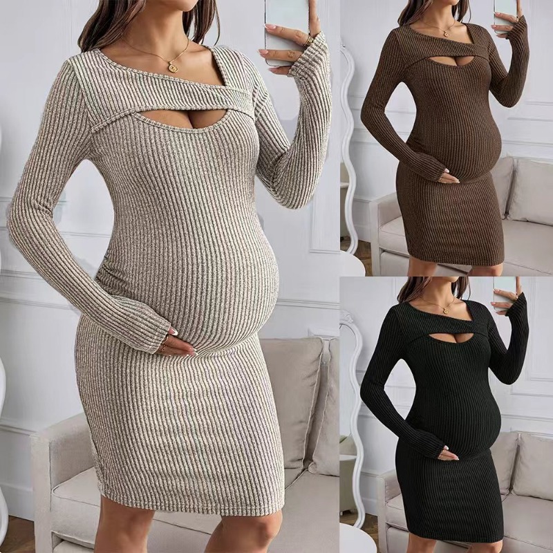 Bodycon Long Sleeve Ribbed Dress - ملابس الأمومة: فستان مضلع بأكمام طويلة