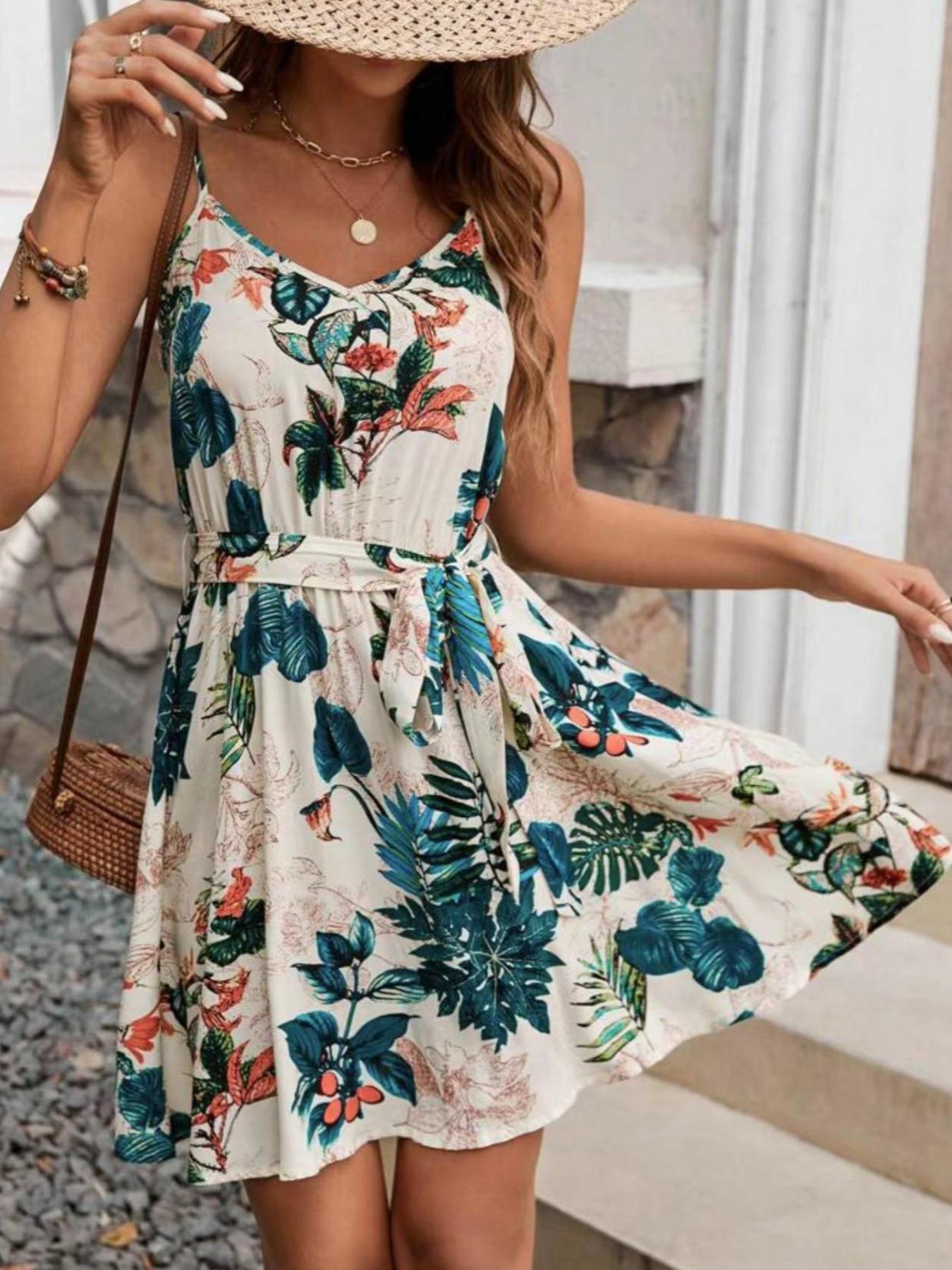 French Vintage Floral Midi Dress - فستان نسائي بحزام على الطراز البوهيمي،