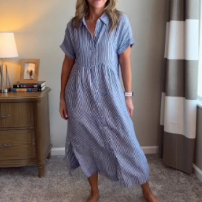 Casual Loose Linen Shirt Dress - فستان قميص مخطط للنساء، فضفاض، مقاس