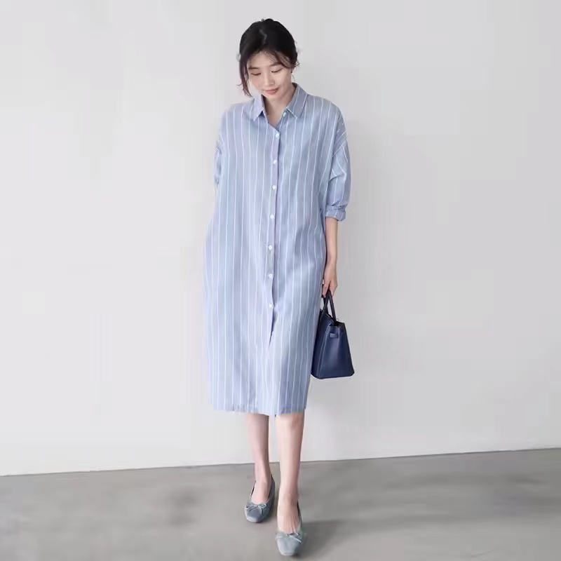 Korean Style A Line Shirt Dress - فستان قميصي مخطط أزرق للنساء، فضفاض