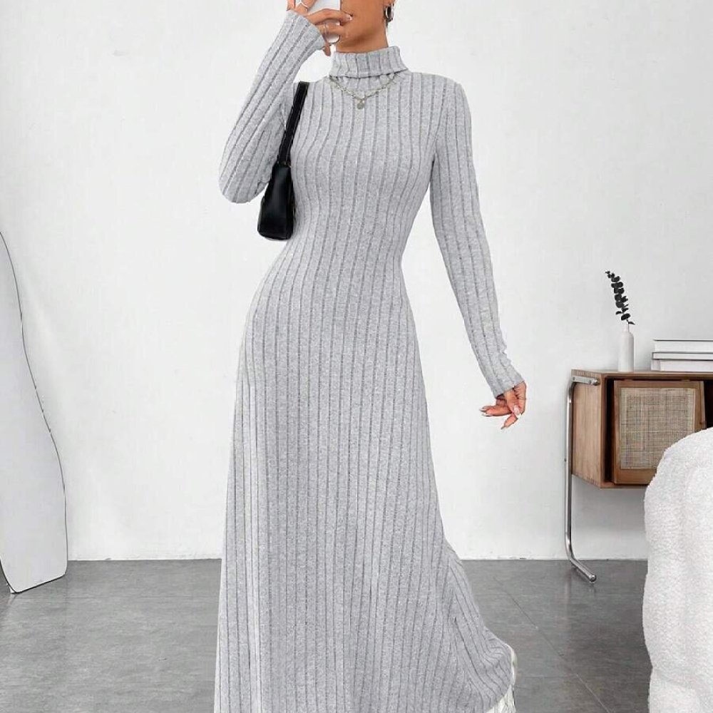فستان أنيق للخريف بياقة عالية  - مراجعة Bodycon Long Sleeve Ribbed Dress وسعره