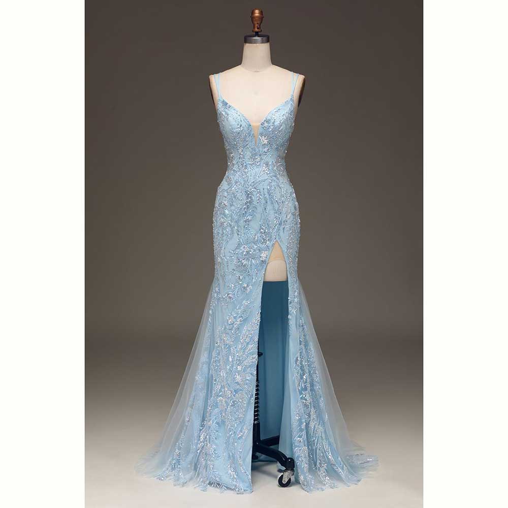 أنيقة الضوء الأزرق الساتان الم - مراجعة Elegant Satin Evening Gown Split وسعره