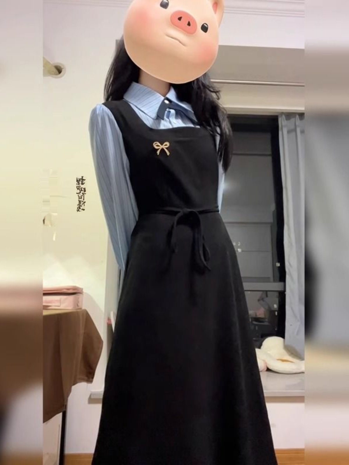 فستان قميص أنيق باللون الأسود  - مراجعة Korean Style A Line Shirt Dress وسعره