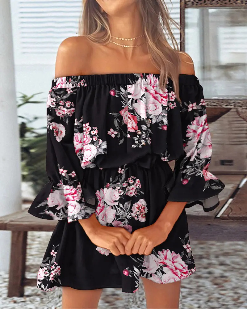 فستان نسائي قصير مكشوف الأكتاف - مراجعة French Vintage Floral Midi Dress وسعره