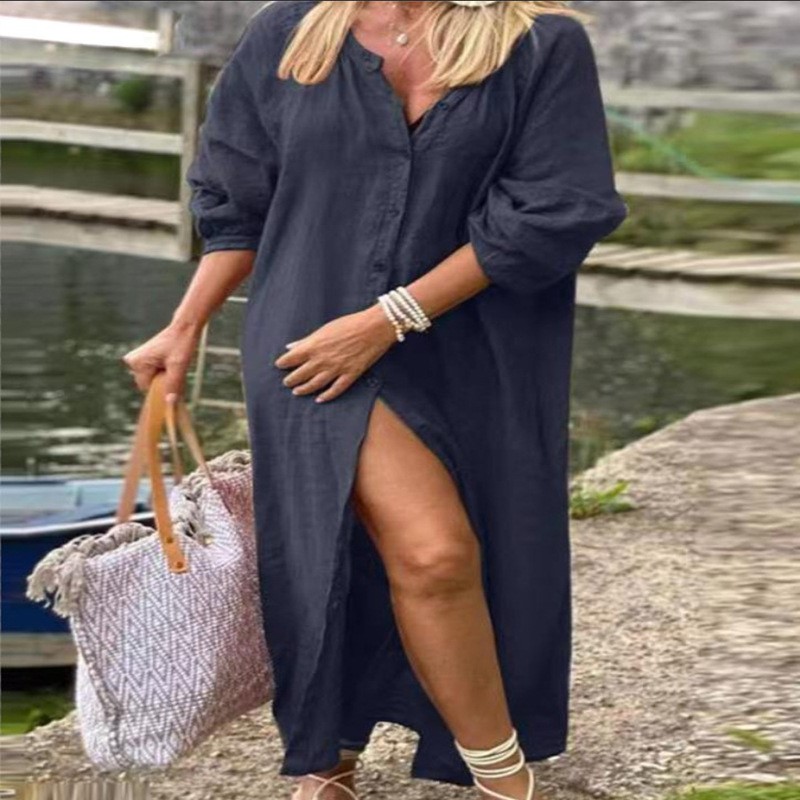 فستان أنيق من القطن والكتان لل - مراجعة Casual Loose Linen Shirt Dress وسعره