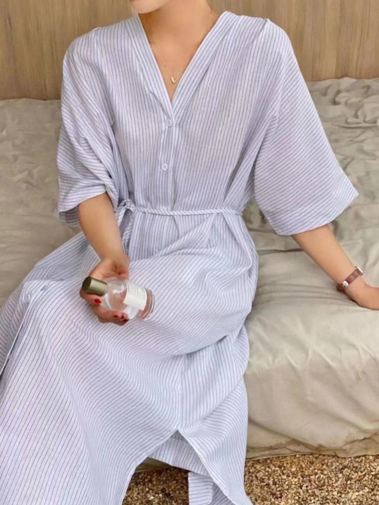 الصيف خمر قميص كتان مخطط المرأ - مراجعة Casual Loose Linen Shirt Dress وسعره