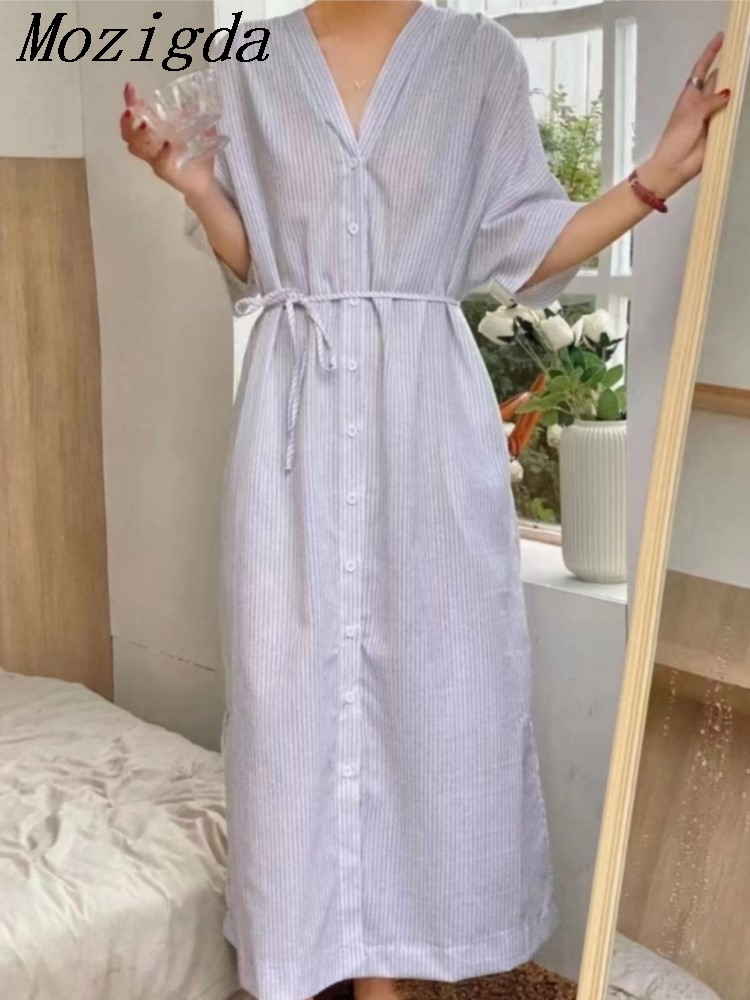 الصيف خمر قميص كتان مخطط المرأ - مراجعة Casual Loose Linen Shirt Dress وسعره