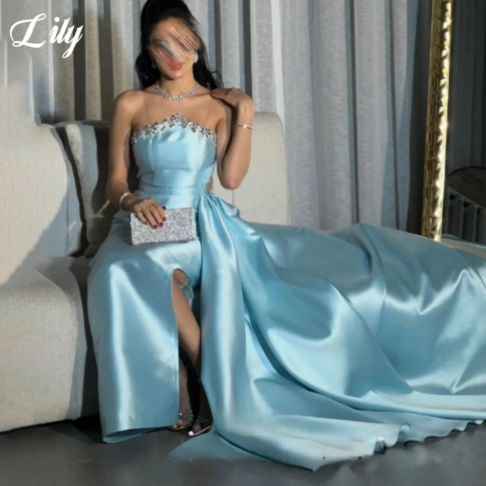 زنبق الأزرق ثوب رسمي أنيق لامع - مراجعة Elegant Satin Evening Gown Split وسعره