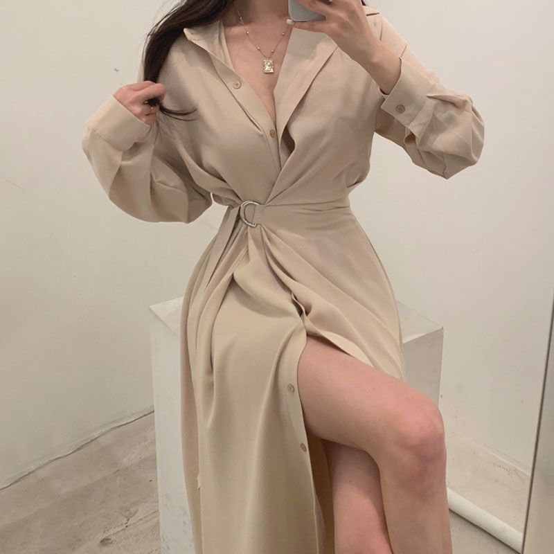 فستان على طراز القميص بأكمام ط - مراجعة Korean Style A Line Shirt Dress وسعره