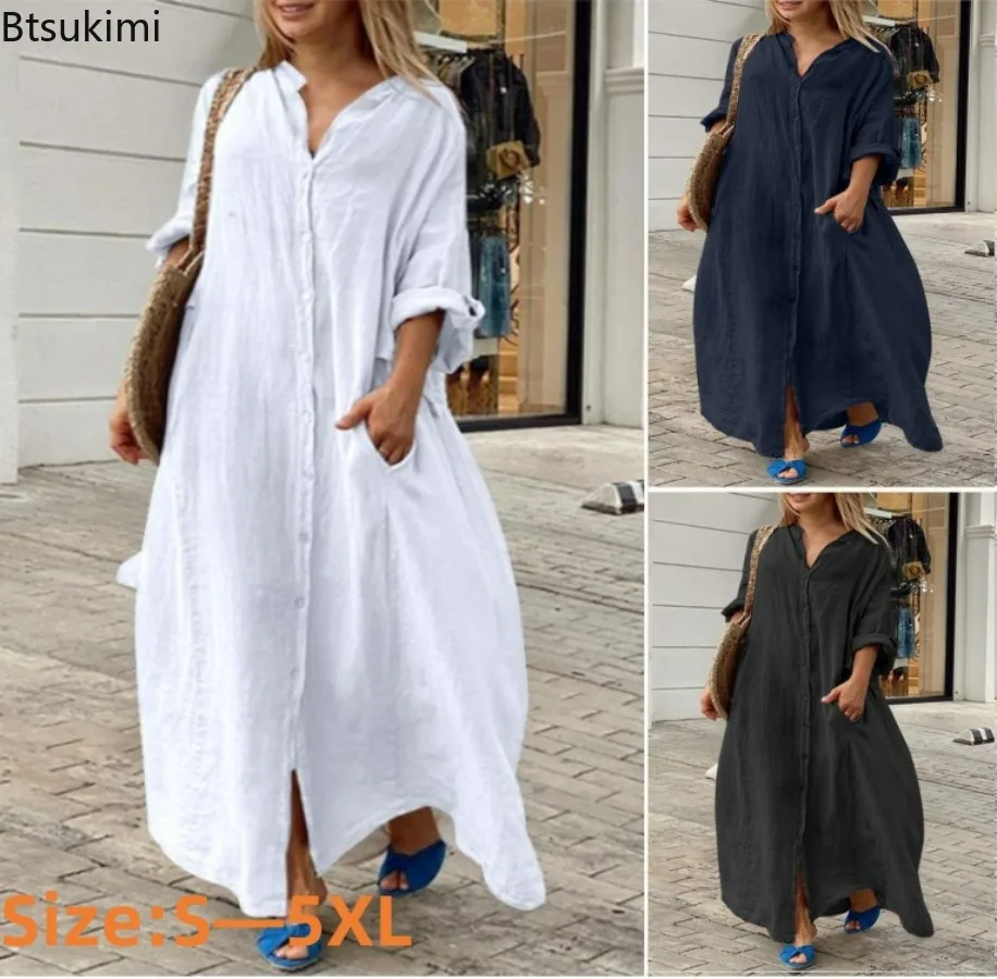 فستان نسائي طويل من القطن والك - مراجعة Casual Loose Linen Shirt Dress وسعره