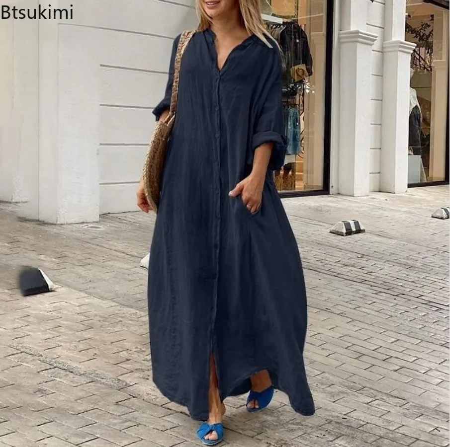 فستان نسائي طويل من القطن والك - مراجعة Casual Loose Linen Shirt Dress وسعره