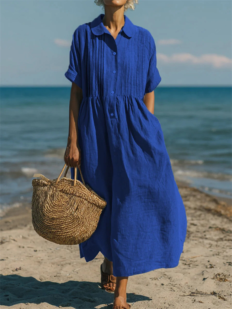 فستان نسائي بياقة كلاسيكية وأز - مراجعة Casual Loose Linen Shirt Dress وسعره
