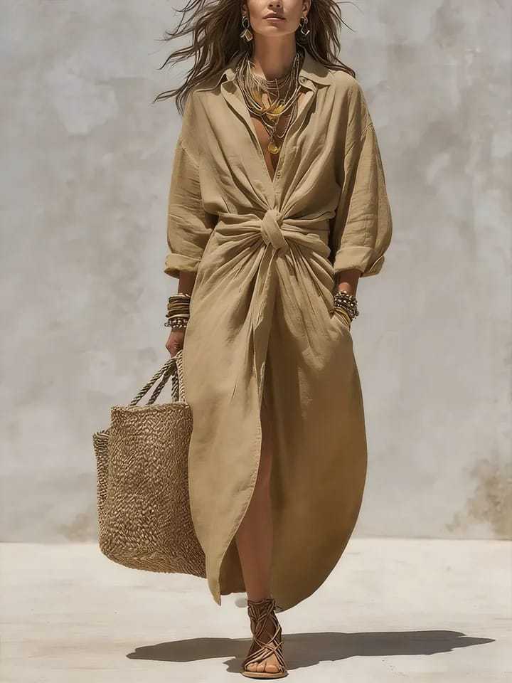 فستان بوهو أبيض من الكتان والق - مراجعة Casual Loose Linen Shirt Dress وسعره