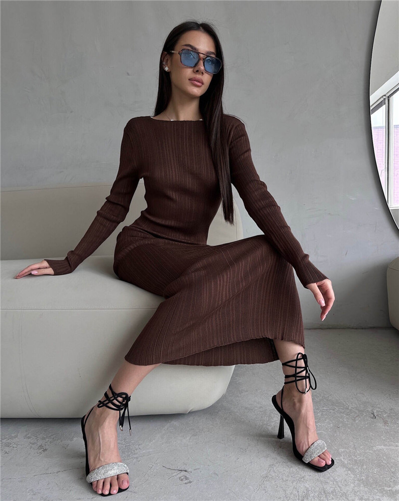 فستان نسائي محبوك مضلع على الم - مراجعة Bodycon Long Sleeve Ribbed Dress وسعره