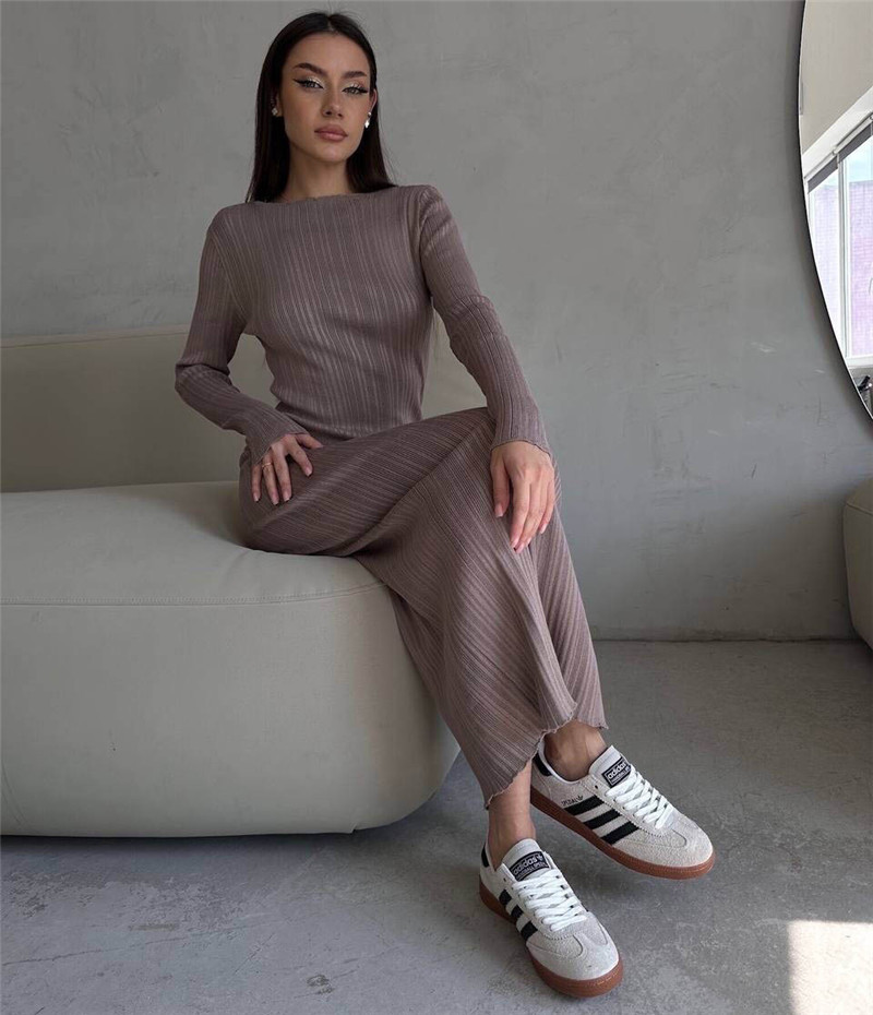 فستان نسائي محبوك مضلع على الم - مراجعة Bodycon Long Sleeve Ribbed Dress وسعره