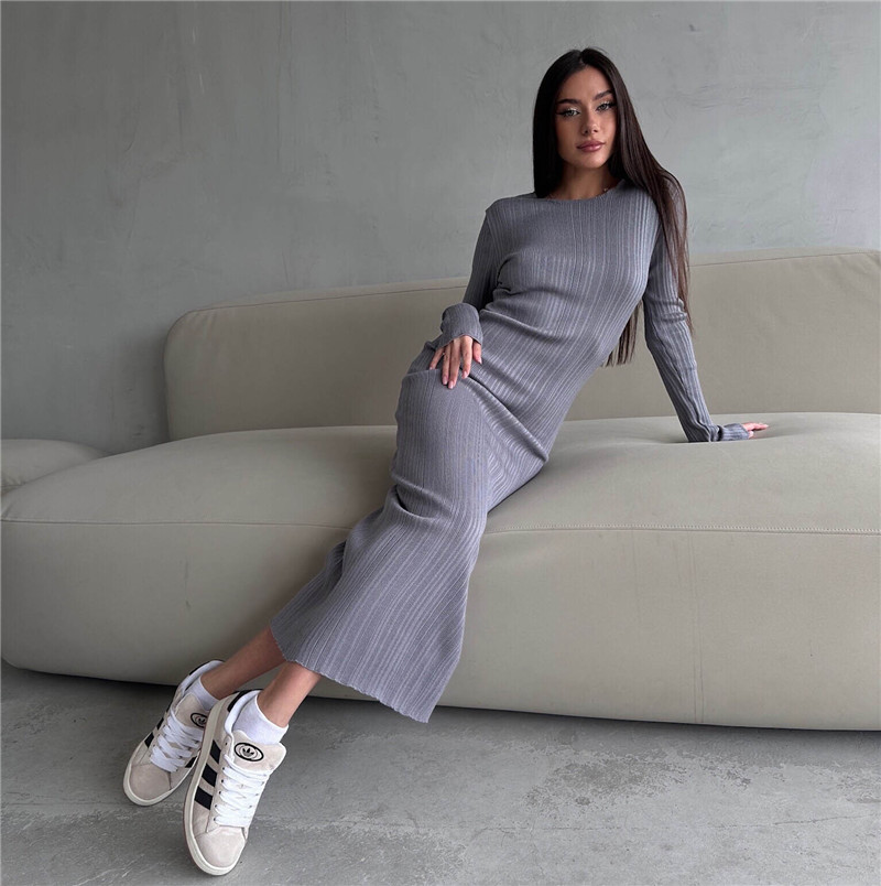 فستان نسائي محبوك مضلع على الم - مراجعة Bodycon Long Sleeve Ribbed Dress وسعره