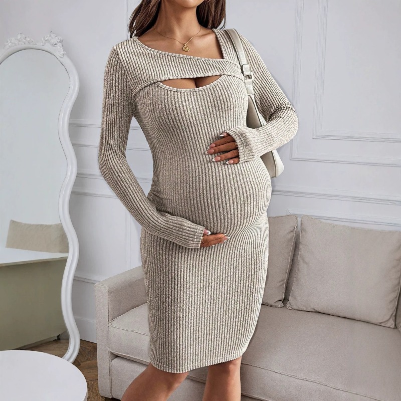 ملابس الأمومة: فستان مضلع بأكم - مراجعة Bodycon Long Sleeve Ribbed Dress وسعره