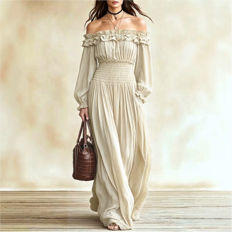 فستان ماكسي نسائي مكشوف الكتفي - مراجعة Off Shoulder Puff Sleeve Sundress وسعره