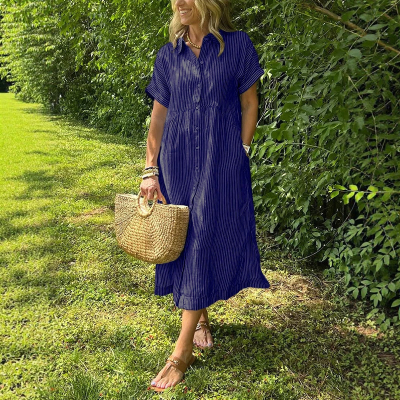 فستان قميص مخطط للنساء، فضفاض، - مراجعة Casual Loose Linen Shirt Dress وسعره