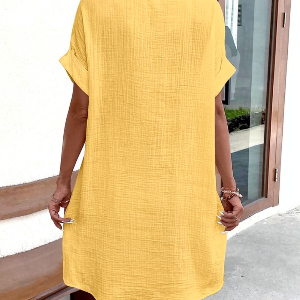 فستان نسائي بياقة على شكل حرف  - مراجعة Casual Loose Linen Shirt Dress وسعره