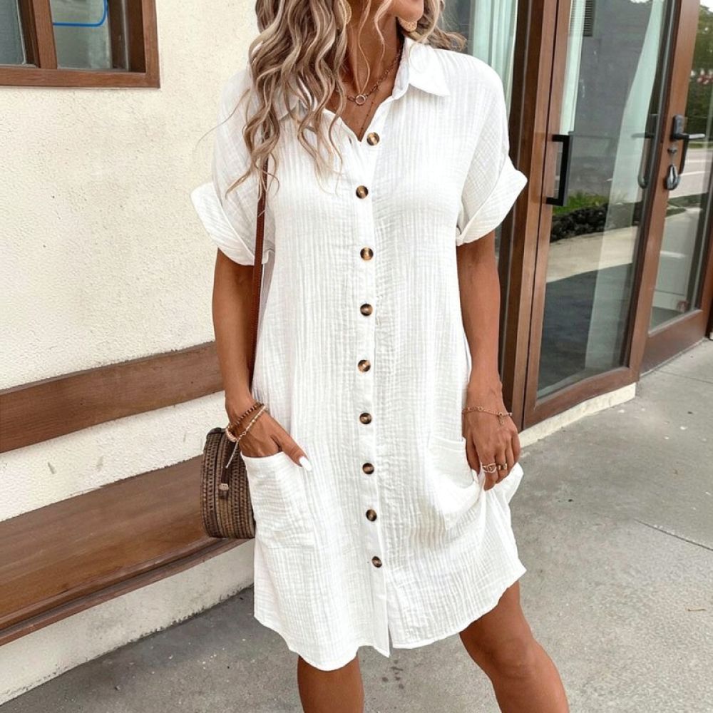 فستان نسائي بياقة على شكل حرف  - مراجعة Casual Loose Linen Shirt Dress وسعره