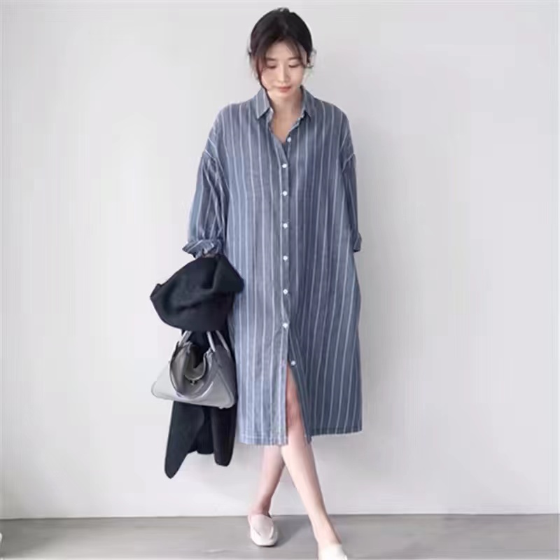 فستان قميصي مخطط أزرق للنساء،  - مراجعة Korean Style A Line Shirt Dress وسعره