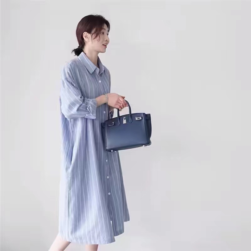 فستان قميصي مخطط أزرق للنساء،  - مراجعة Korean Style A Line Shirt Dress وسعره